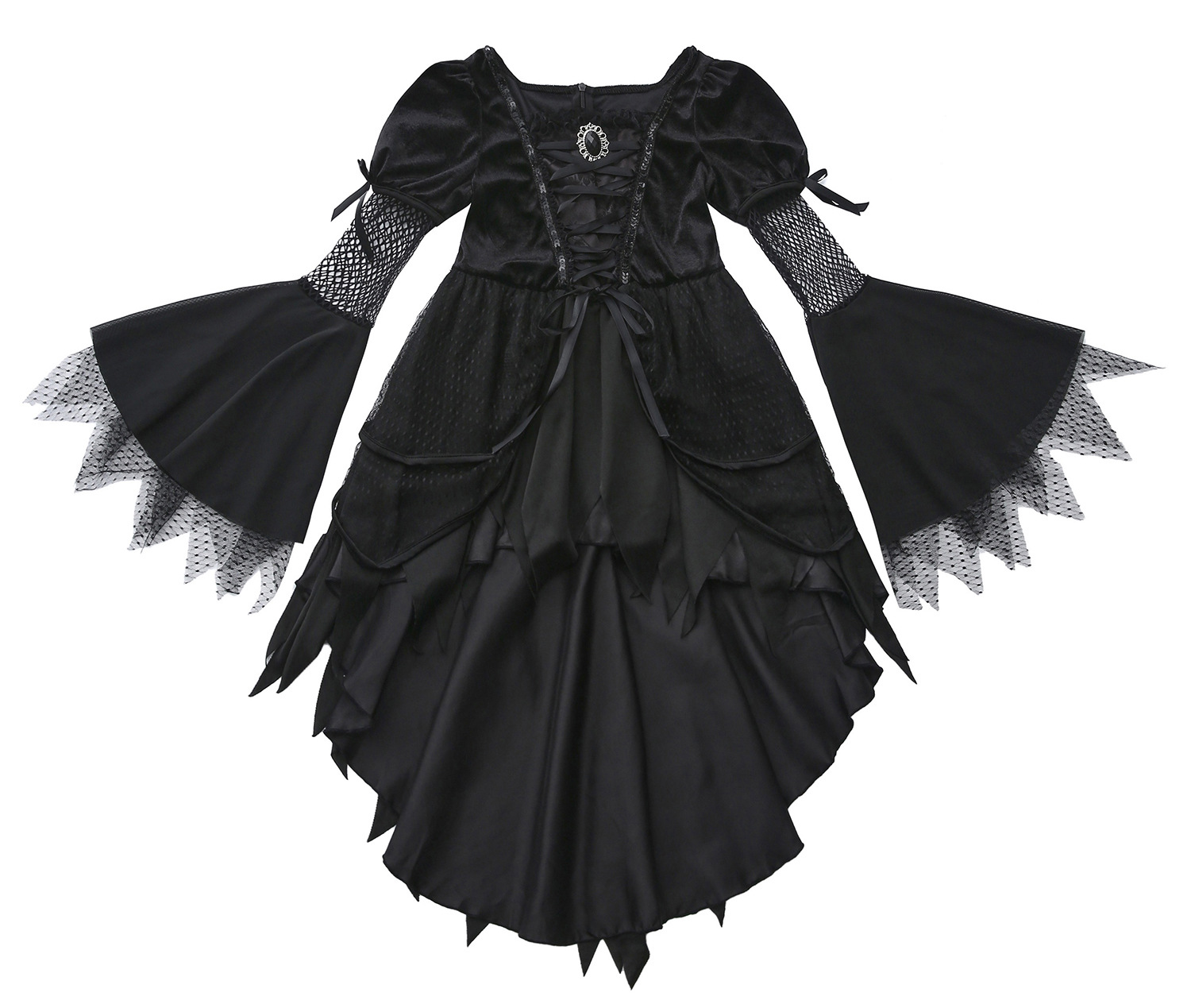 Gothic Witch Halloween Costume Dress Lace Up Puff Sleeves Devil Cosplay Outfit